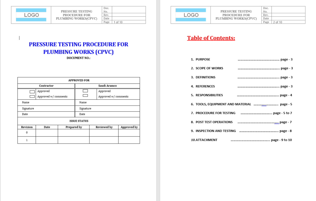 QCP - PRESSURE TESTING PROCEDURE FOR PLUMBING WORKS (CPVC)