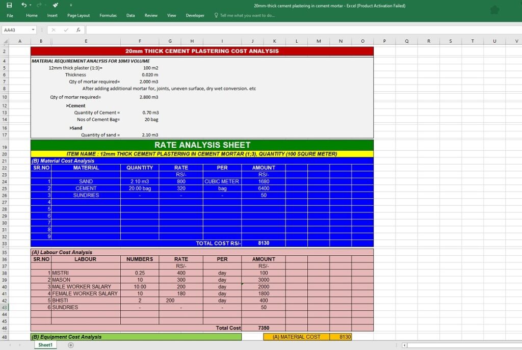 20mm Thick Cement Plastering | Civil - Rate Analysis Spreadsheet (xlsx)